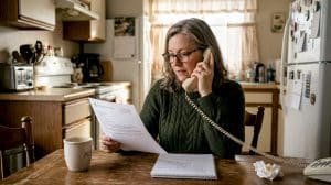 Woman booking bone scan by phone at kitchen table