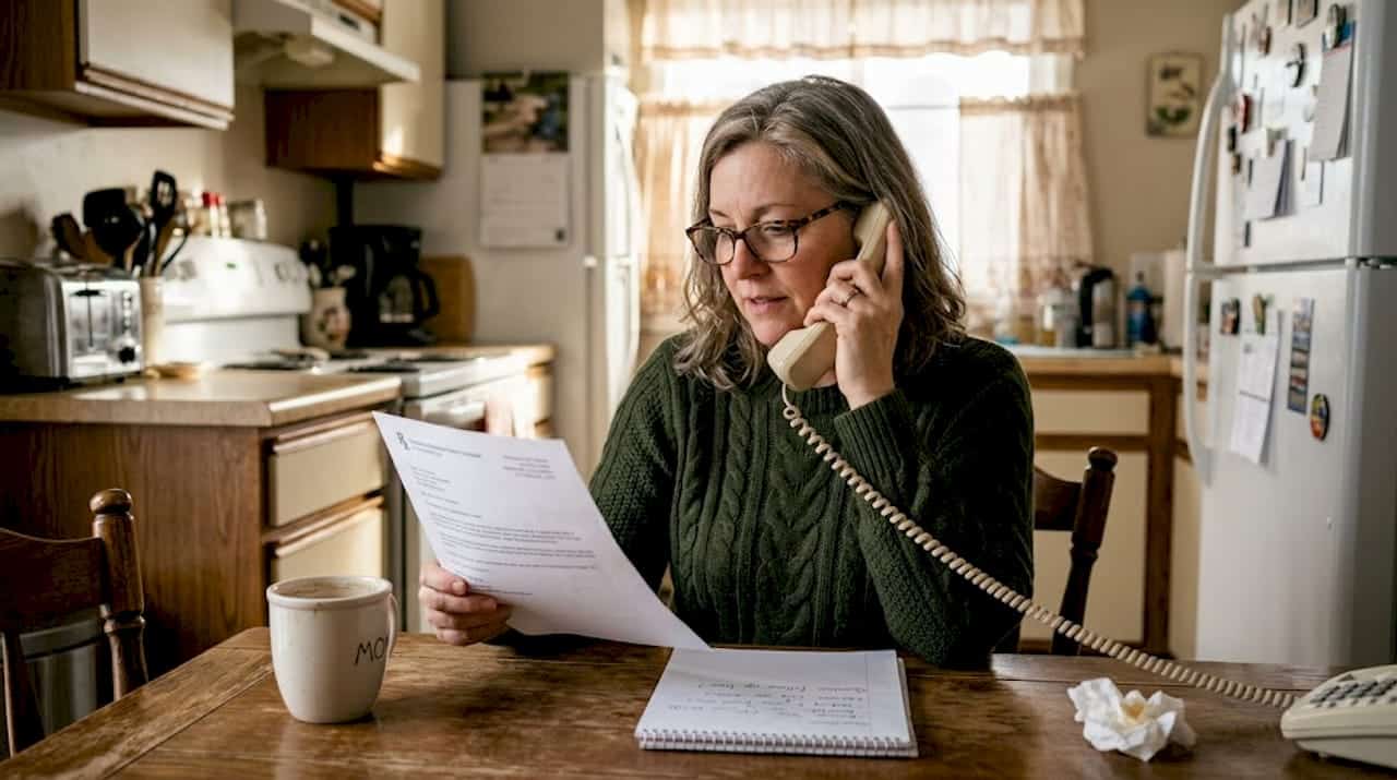 Woman booking bone scan by phone at kitchen table