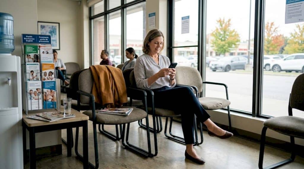 Woman waiting for medical imaging in Ontario clinic