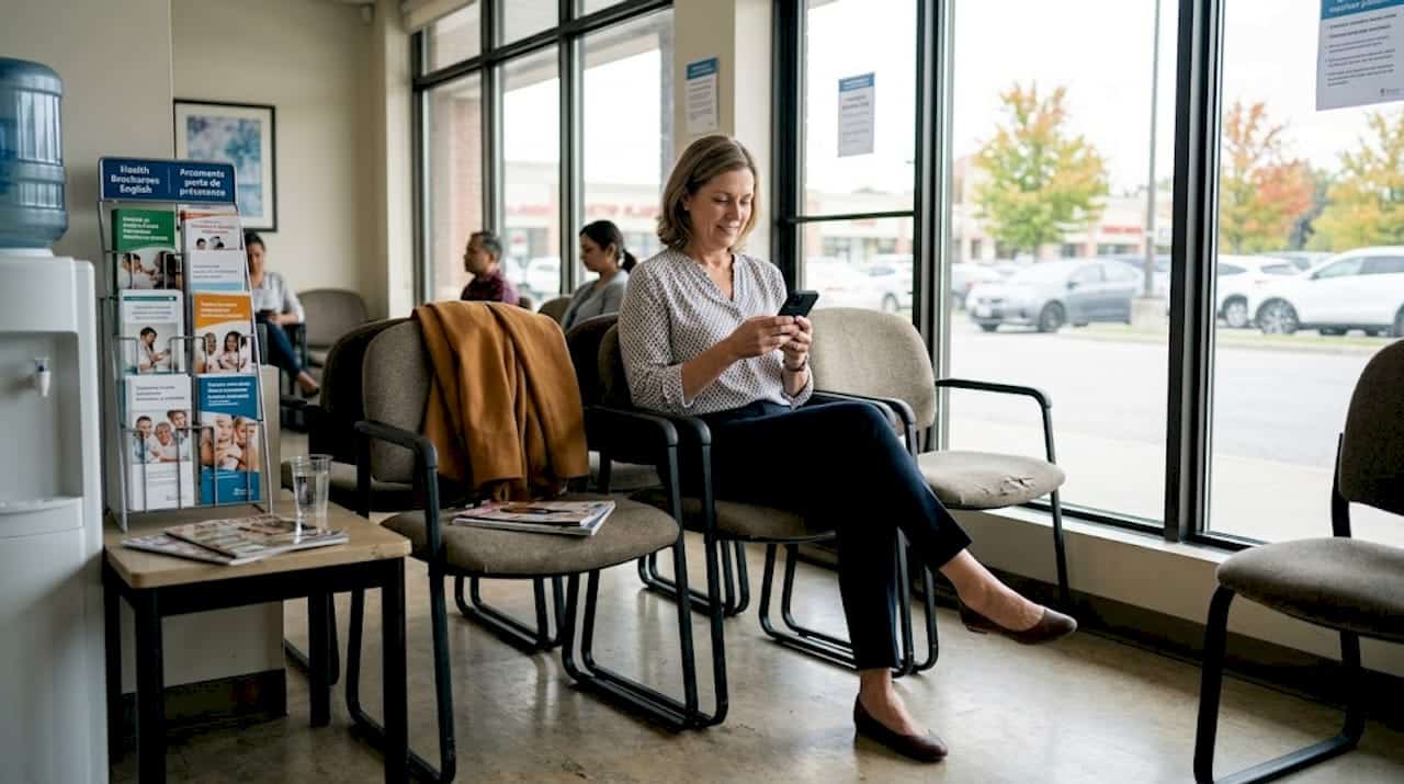 Woman waiting for medical imaging in Ontario clinic
