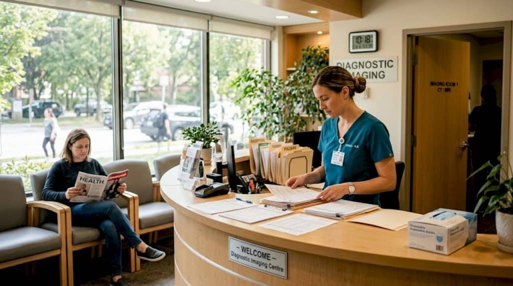 Nurse reviewing files in imaging clinic reception