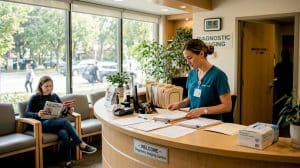 Nurse reviewing files in imaging clinic reception