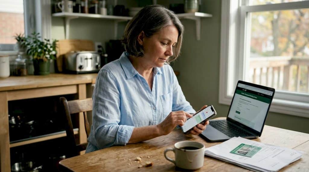 Woman checking ultrasound scheduling at kitchen table
