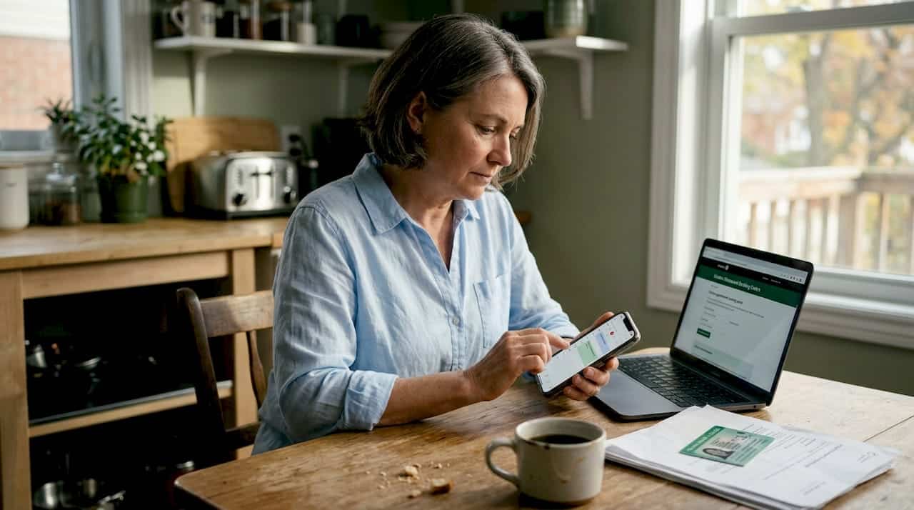 Woman checking ultrasound scheduling at kitchen table