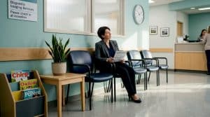 Patient in x-ray clinic waiting area holding form