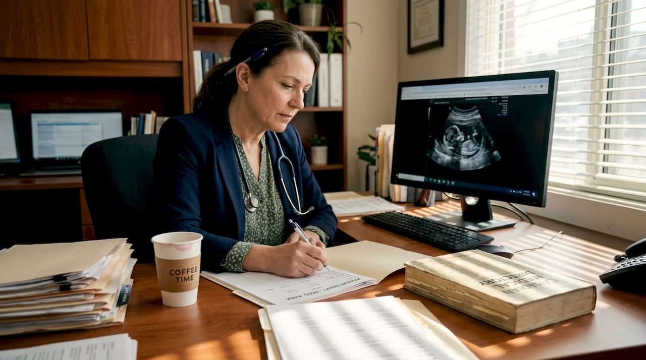 Doctor reviewing ultrasound results at desk