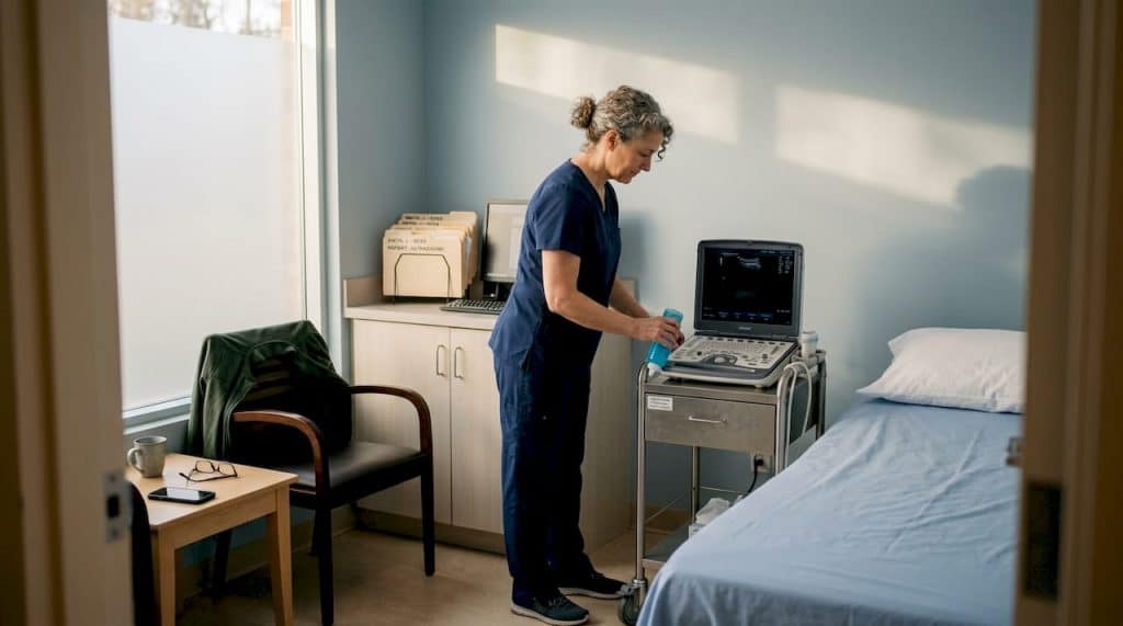 Ultrasound technologist setting up in hospital room