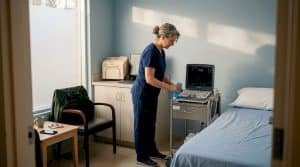 Ultrasound technologist setting up in hospital room