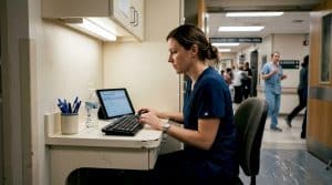 Ultrasound technician reviewing daily work in clinic