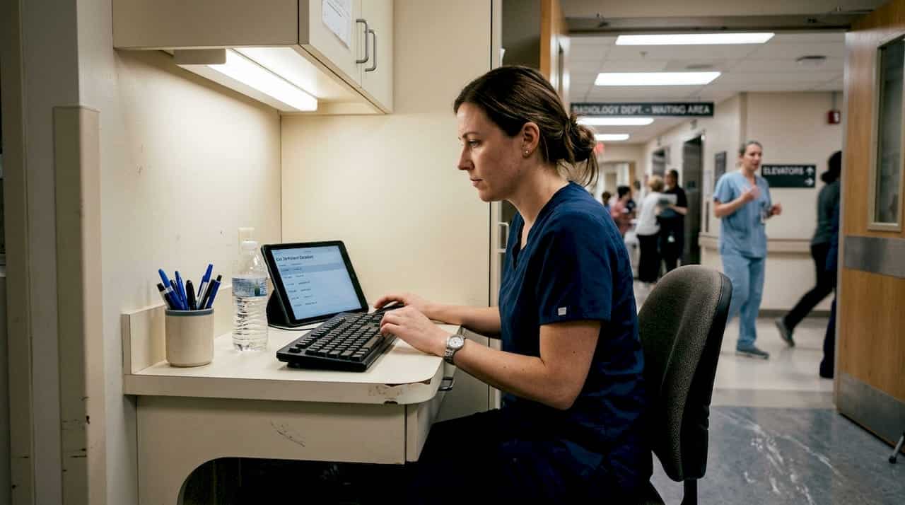 Ultrasound technician reviewing daily work in clinic
