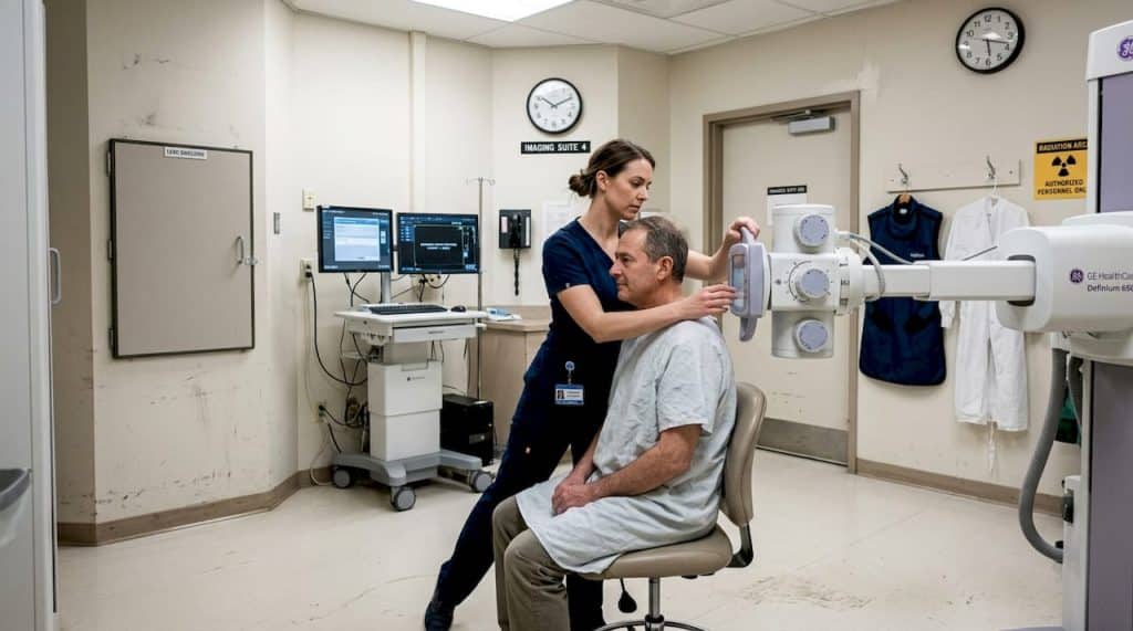 Technician preparing X-ray image in hospital suite