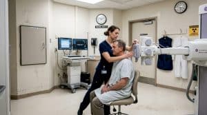 Technician preparing X-ray image in hospital suite
