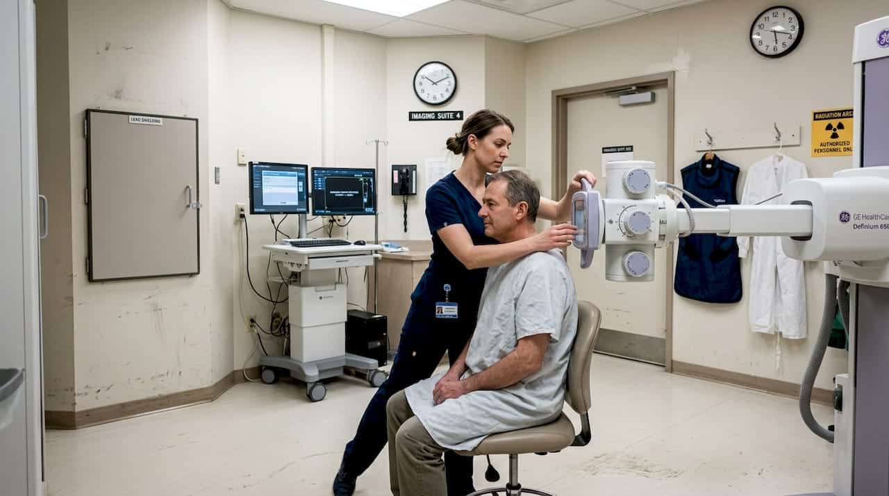 Technician preparing X-ray image in hospital suite
