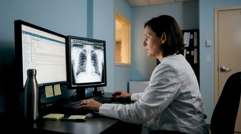 Radiologist examining X-ray scans in reading room